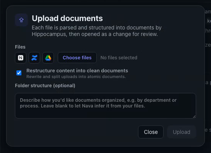Nava's upload dialog, with connectors for Notion, Confluence and Google Drive next to a file picker